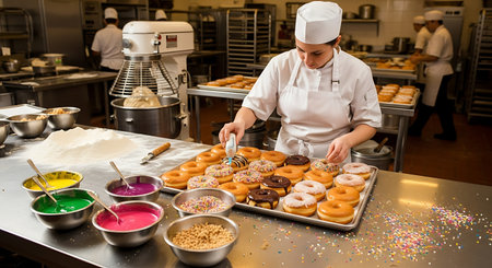 Chocolate donuts being prepared by a female pastry chef in a bakeryの素材