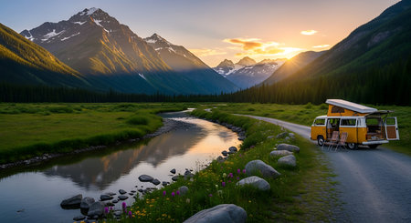 Caravan on the road at sunset, Jasper National Park, Alberta, Canadaの素材