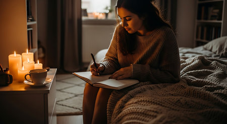 Attractive young woman writing in notebook while sitting on bed at homeの素材