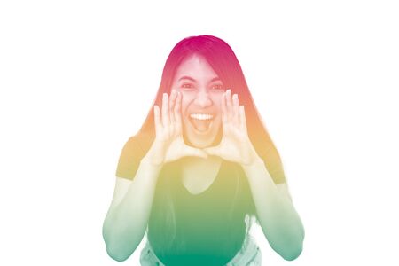 Young ethnic girl, shouting to camera with duotone multi coloured rainbow effect - Diverse...