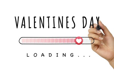 Female hand drawing Valentines day doodle with loading progress bar on white background - Romantic...