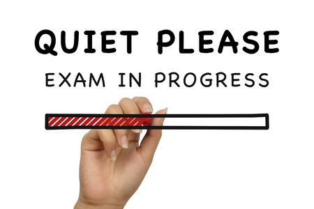 Quiet please exam in progress handwritten poster banner on white background with loading bar - Student examination school college university notice - Evaluation patient test doodle style sign conceptの写真素材