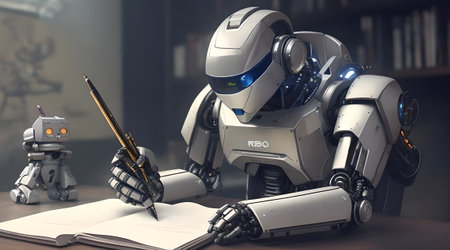 a robot with a writing desk, pen in hand, deep in thought as it composes a beautifully crafted piece of literatureの素材