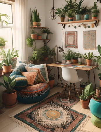 bohemian inspired interior design filled with floor cushions tapestries and potted plantsの素材