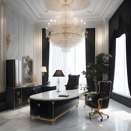 luxurious office space interior design with a marbletop desk leather ergonomic chairの素材
