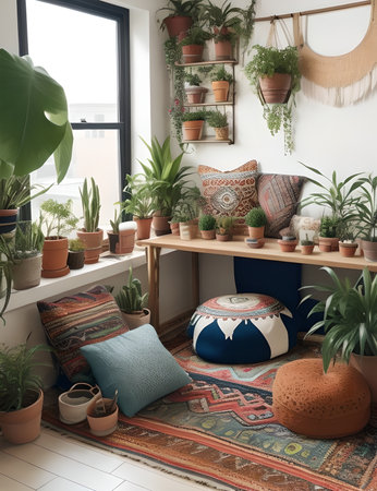 bohemian inspired interior design filled with floor cushions tapestries and potted plantsの素材