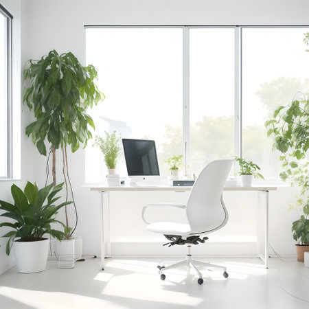 bright and airy minimalist office space with a large window featuring a simple white deskの素材
