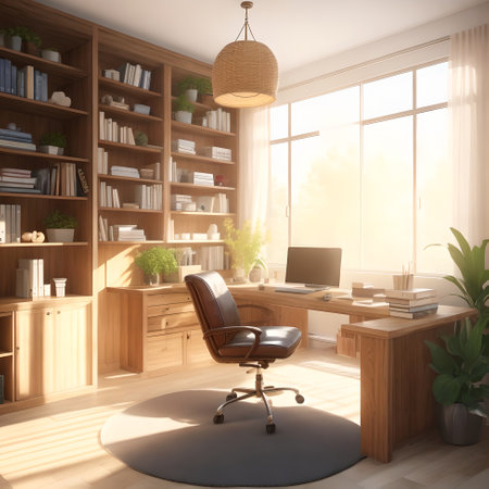 tunning office workspace bathed in warm sunlight featuring a large wooden desk shelves booksの素材
