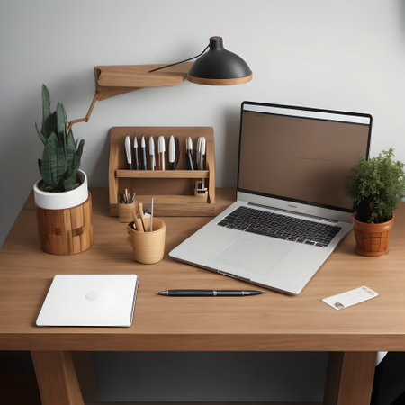 clutter free workspace focusing on a wooden desk with only a pen holder a notebook and a laptopの素材