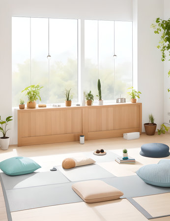 Interior of modern living room with white walls, tiled floor, wooden cupboards, comfortable sofa with cushions and yoga mat. 3d renderingの素材