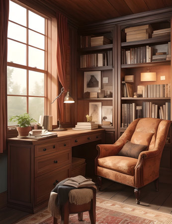 cozy corner workspace interior design adorned with warm wooden accents vintage booksの素材