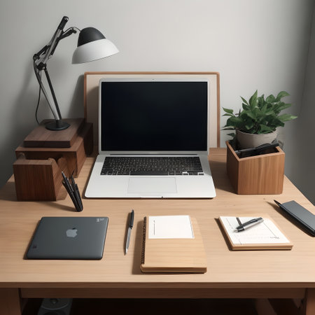 clutter free workspace focusing on a wooden desk with only a pen holder a notebook and a laptopの素材