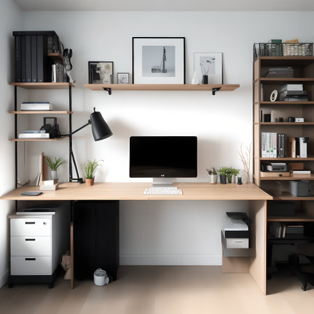 minimalist office with a standing desk showing a laptop wireless keyboard and a notepadの素材