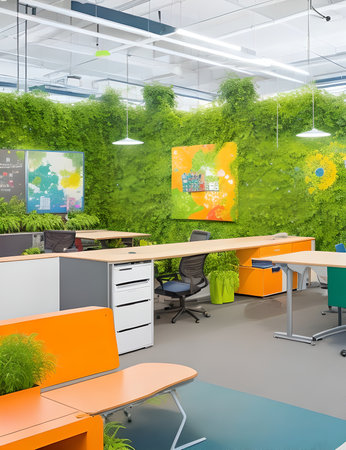 vibrant and energetic open-concept office interior design, vibrant wall art, and greeneryの素材