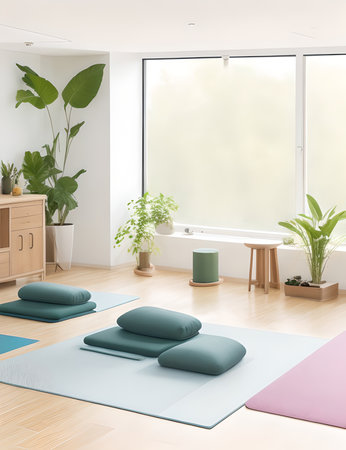 Interior of modern living room with white walls, tiled floor, wooden cupboards, comfortable sofa with cushions and yoga mat. 3d renderingの素材