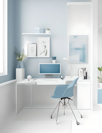 minimalist workspace featuring sleek modern furniture and a calming color palette of white bluesの素材
