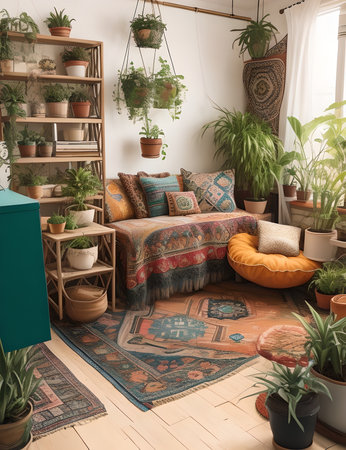 Interior of a living room with plants. 3D render.の素材