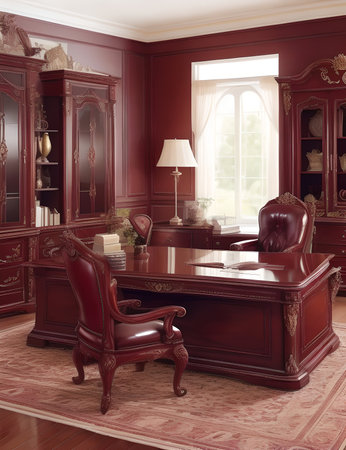 elegant executive interior featuring a grand mahogany desk leather armchairs and rich deep tonesの素材