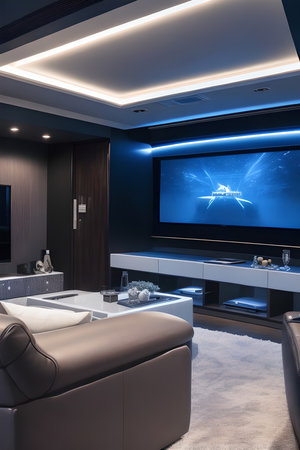 modern and sleek entertainment room with a wall-mounted flat-screen TV, reclining leather seats, and subtle LED lighting for a cinematic experienceの素材