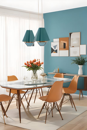 Interior of modern dining room with blue walls, wooden floor, orange chairs and round table with orange chairs. 3d renderの素材