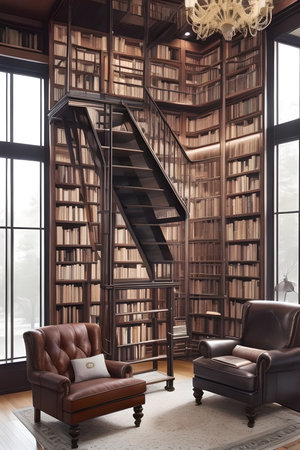 sophisticated home library with floor-to-ceiling bookshelves, a leather reading chair, and a rolling ladder to reach the top shelves.の素材