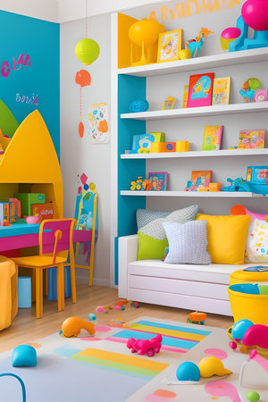 vibrant and energetic children's playroom, adorned with colorful wall decals, bean bags, and shelves filled with toys and books.の素材