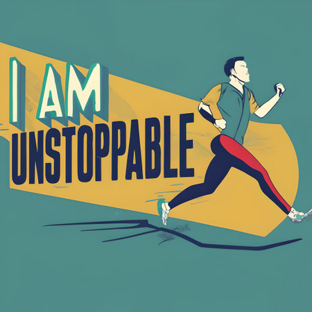Illustration of a Man Running in a Row with I am unstoppable typography posterの素材