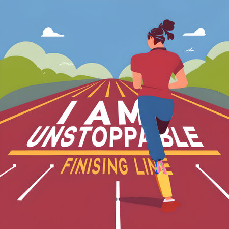 Vector illustration of a young woman running on the road to finish line. I am unstoppable typography posterの素材