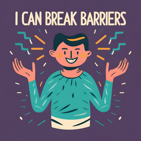 Hand drawn vector abstract fun cartoon graphic illustration with young man in casual clothes isolated on purple background with I can break down barriers textの素材