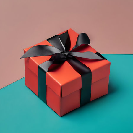 Red gift box with black ribbon on blue and pink background. 3d renderingの素材