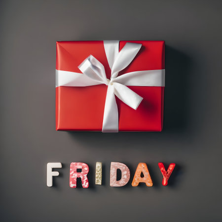 Gift box with a white bow and the inscription Friday on a dark backgroundの素材