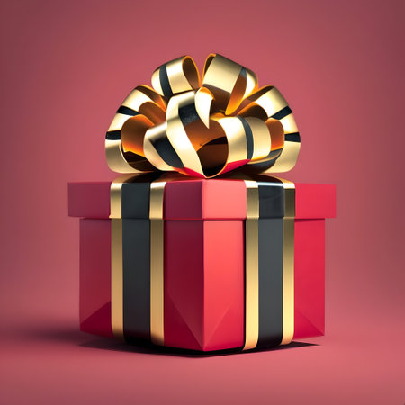 Red gift box with gold bow isolated on pink background 3D renderingの素材