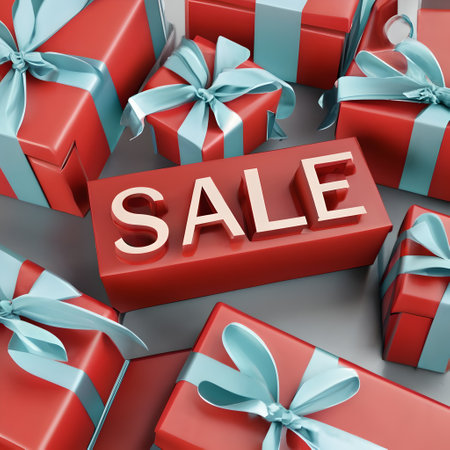 3d render of red gift boxes with blue ribbon and sale signの素材