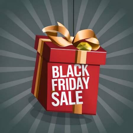 Black Friday sale poster with red gift box and gold ribbon. Vector illustration.の素材