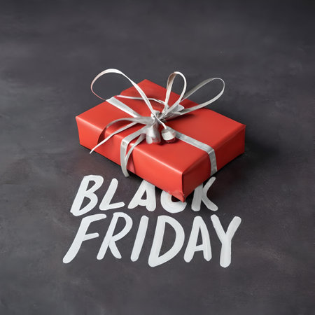 Red gift box with white ribbon and black friday text on black backgroundの素材