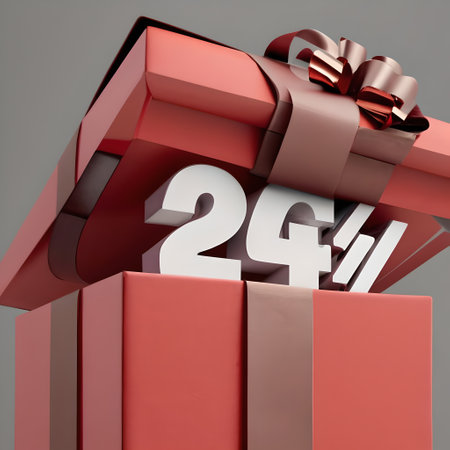 Red gift box with twenty five percent off. 3D rendering.の素材