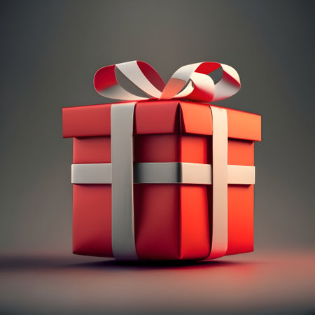 Red gift box with white ribbon. 3d render on grey backgroundの素材