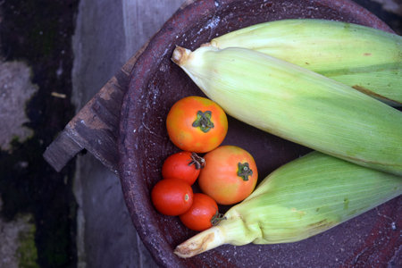 tomatoes and corn in a wooden bowl on a rustic backgroundの写真素材