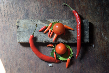 chilli and tomato on a wooden board, on a wooden backgroundの写真素材