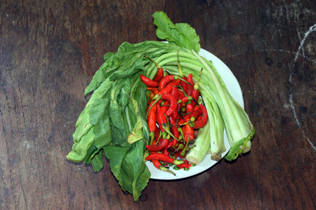 vegetables and chilli in a plate on the wooden tableの写真素材