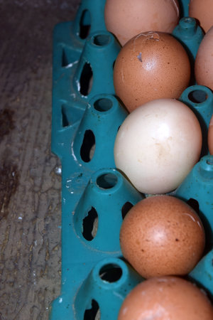 Eggs in a carton box on a wooden table.の写真素材