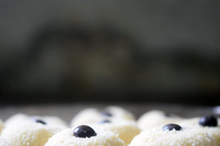 Homemade coconut cookies with blueberries on a wooden board. Selective focus.の写真素材