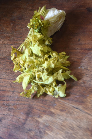 Celery leaves on a wooden table. Close-up.の写真素材