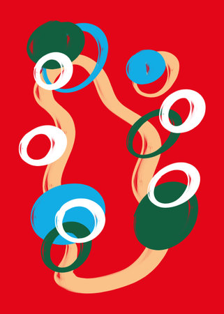 Vector illustration of number nine made of colorful circles on red background.の写真素材