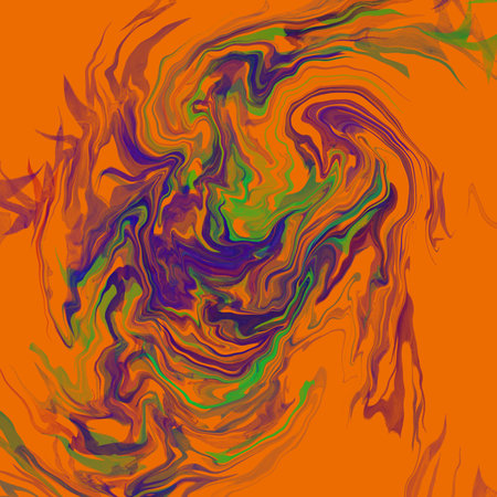 abstract background with blue and green marbling paint on orange backgroundの写真素材