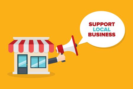 Small Business Storefront And Male Hand Holding Megaphone With Support Local Business Speech Bubble. Loudspeaker. Banner for business, marketing and advertising. Vector illustration.のイラスト素材