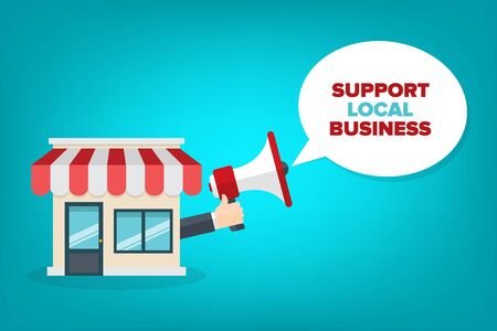 Small Business Storefront And Male Hand Holding Megaphone With Support Local Business Speech Bubble. Loudspeaker. Banner for business, marketing and advertising. Vector illustration.のイラスト素材