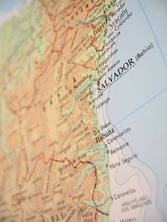Relief map of the State of Bahia, Brazil, with selective focus emphasizing its coast, including its capital Salvador. の写真素材