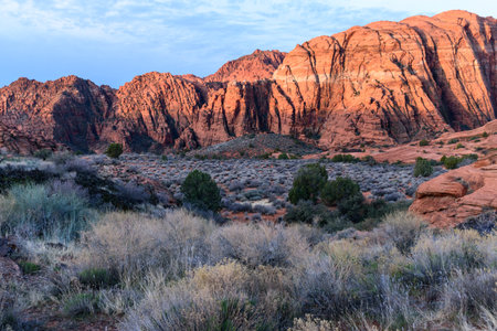 Beautiful sunrise landscape at Snow Canyon State Park. The red rock Navajo sandstone walls appear on fire with a stunning orange glow from the light - St George, Utah, USAの写真素材