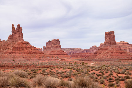 Beautiful landscape of the Valley of the Gods, showcasing impressive buttes and red rock formations. Captured on a cloudy day, this image highlights the rugged, natural beauty of Utah - USAの写真素材